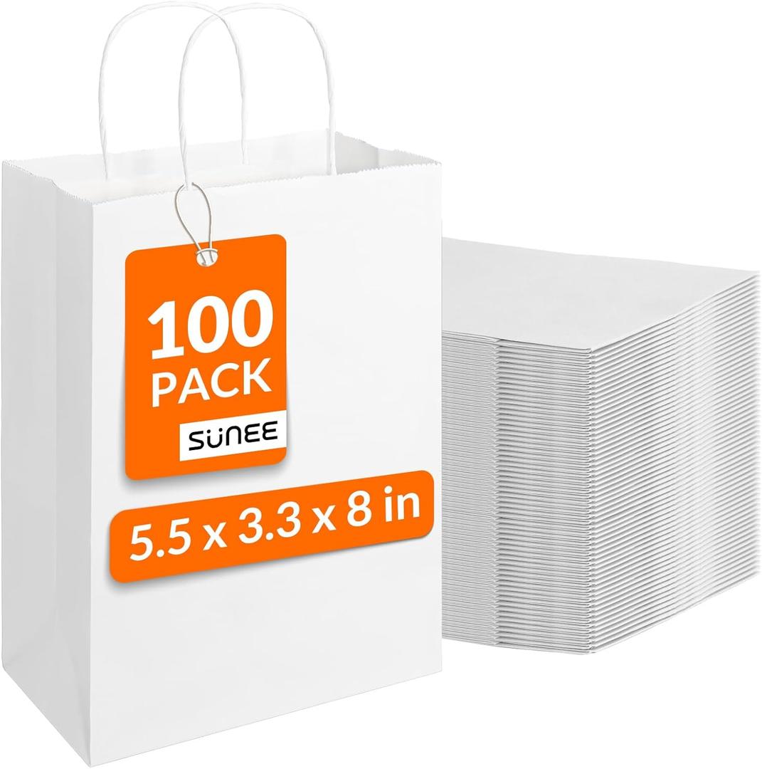 SUNEE 100 Pcs Gift Bags with Handles, 5.5x3.3x8 Inchs Small White Paper Gift Bags Bulk for Retail, Birthday Wedding Party Favors, Small Business and Paper Shopping Bag - White