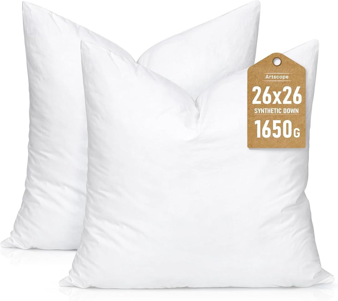 Artscope Synthetic Down Pillow Insert,26x26 Down Alternative Throw Pillow Insert. Ultra Soft Fluffy Sleeping Pillow with 100% Cotton Cover, Decorative Pillows Set of 2-White.
