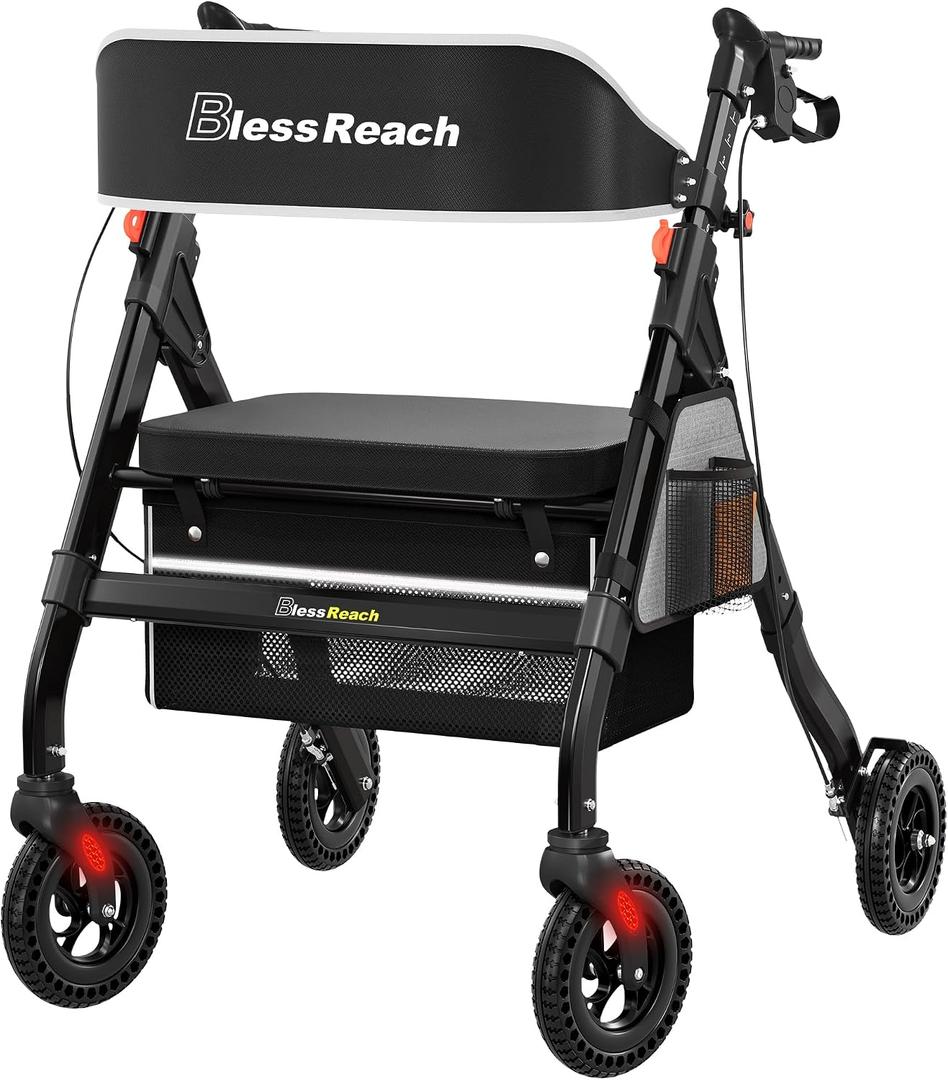 BlessReach Foldable Rollator Walkers with Seat for Seniors, 450 lb Capacity, 8'' Wheels, 18" Big Seat, 6-Position Height, Heavy-Duty Aluminum Rolling Walker (Black)