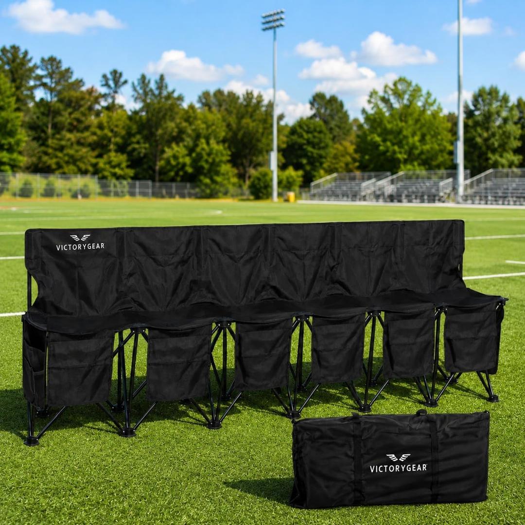 VictoryGear Portable Bench 6 Seat Soccer Benches for Team - Sideline Chairs with 8 Pockets & Carrying Bag - Folding Chair Camping Chairs - Sideline Soccer Bench - Travel Camping Seat, Large