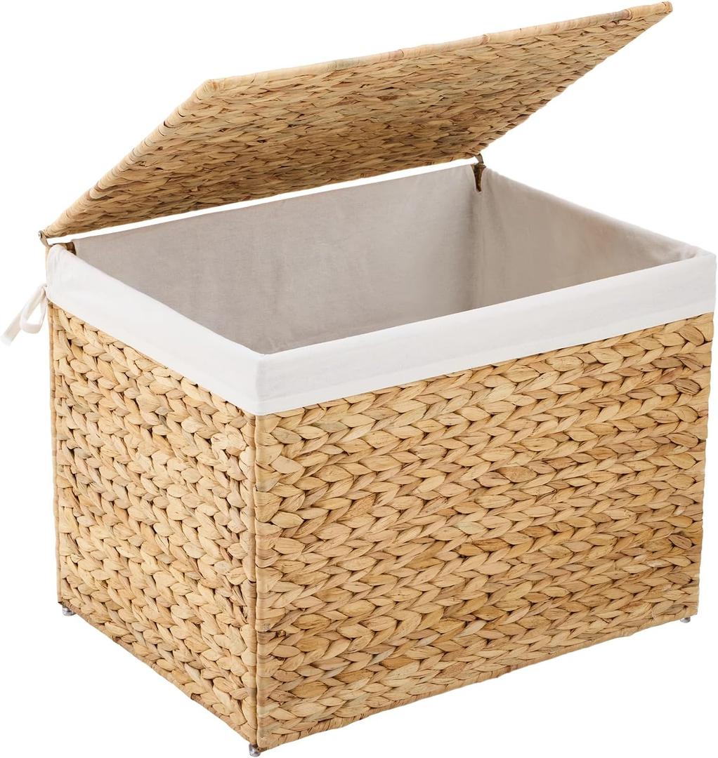 Water Hyacinth Storage Basket with Lid, 31.7 Gallon (120L) Wicker Shelf Basket with Removable Liner, Wicker Storage Basket for Blanket, for Livingroom, Bedroom, Natural