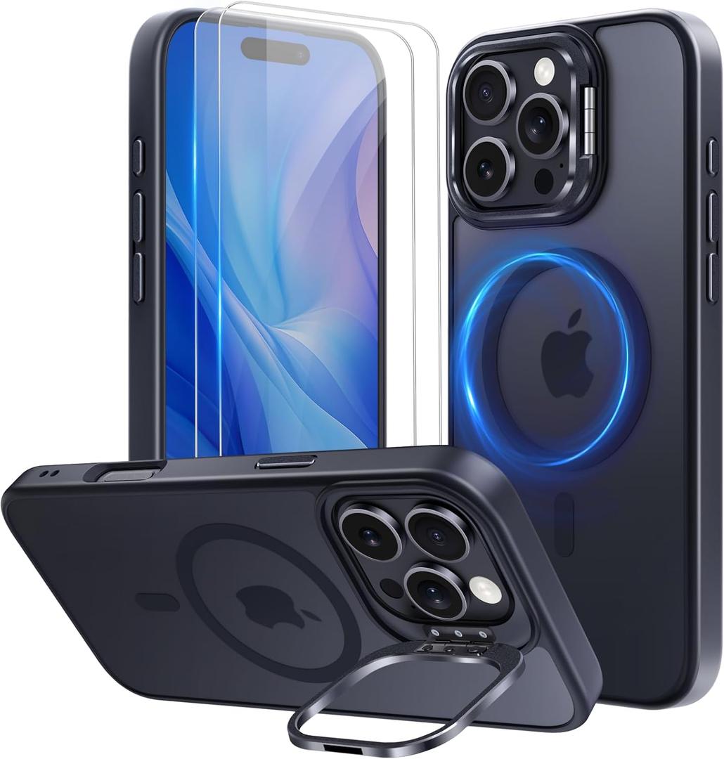 Mitywah for iPhone 16 Pro Case with Stand, 2X [Tempered Glass Screen Protector] Military-Grade Drop Protection N52 Magnetic Phone Case, Matte Translucent Slim Case Skin-Friendly Touch, Black