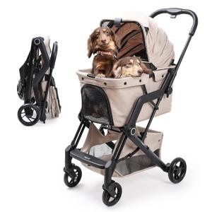 Upgraded Small/Medium Pet Stroller - Dogs & Cats up to 66 lbs, Folds for Storage and Features a Safety Foot Brake, 3-in-1 Foldable Portable Travel Carrier for 2 Small to Medium Pets (Beige)