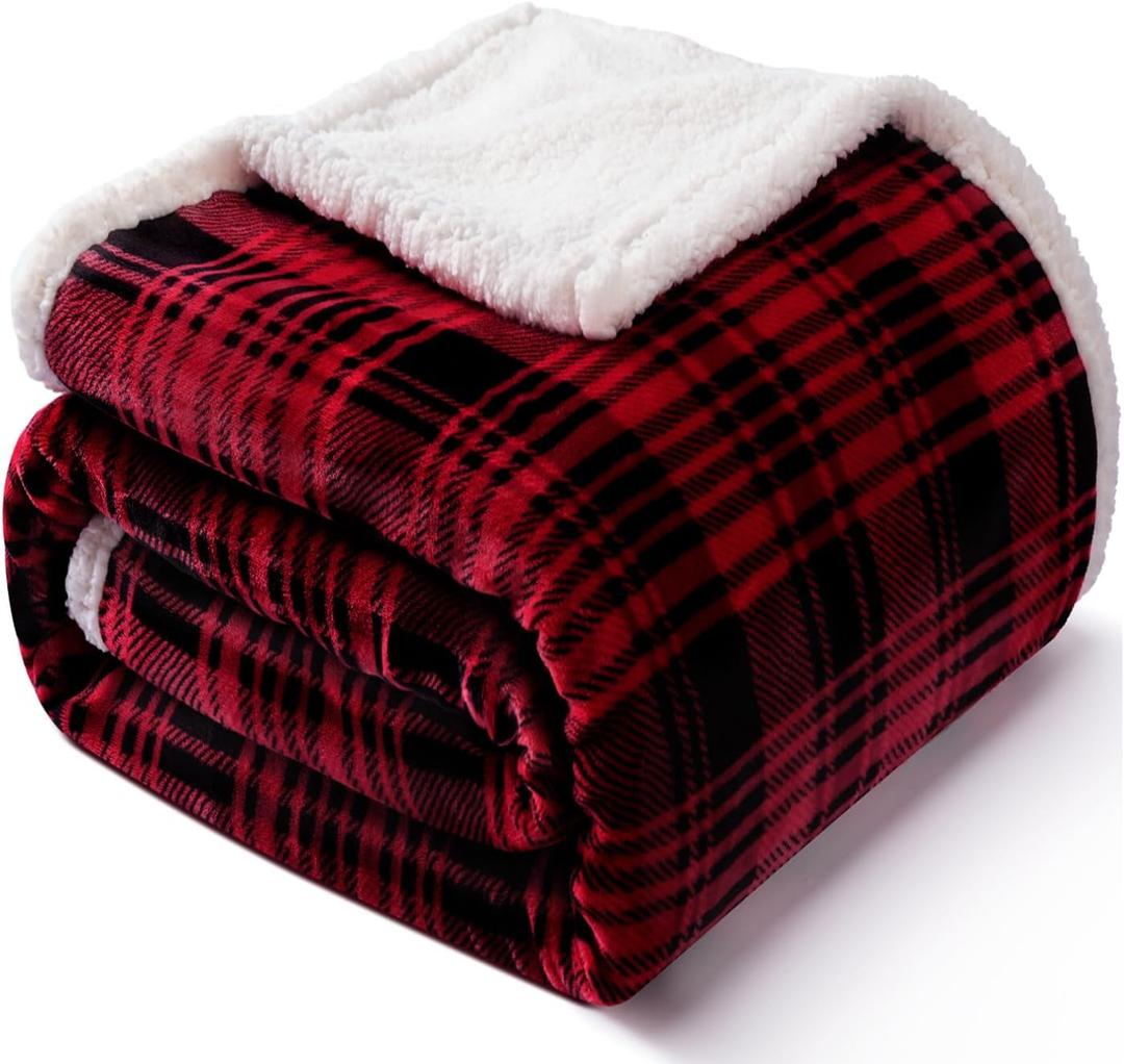 Touchat Sherpa Plaid Throw Blanket(60" X 70", Plaid Red), Fuzzy Fluffy Cozy Soft Blanket, Fleece Flannel Plush Twin Size Microfiber Blanket for Couch Bed Sofa