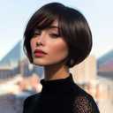 MIMAN 8 Inch Chin Length Bob Wigs for Black Women Human Hair Glueless Wig Short Black Layered Wavy Pixie Wigs with Bangs Natural Black Hair Replacement Wig