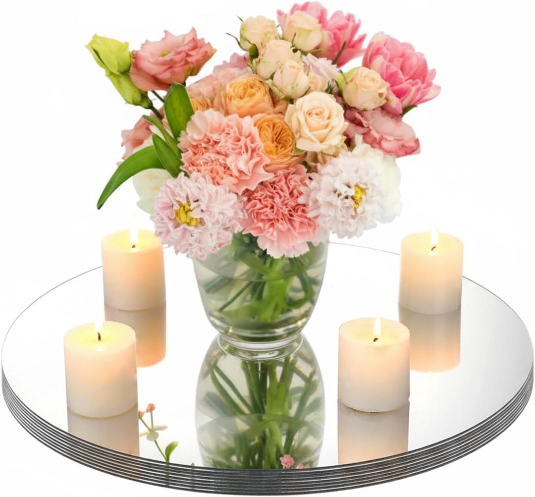 Amyhill 8 Pcs Round Mirrors Centerpieces Acrylic Mirror Tray, 14 Inch