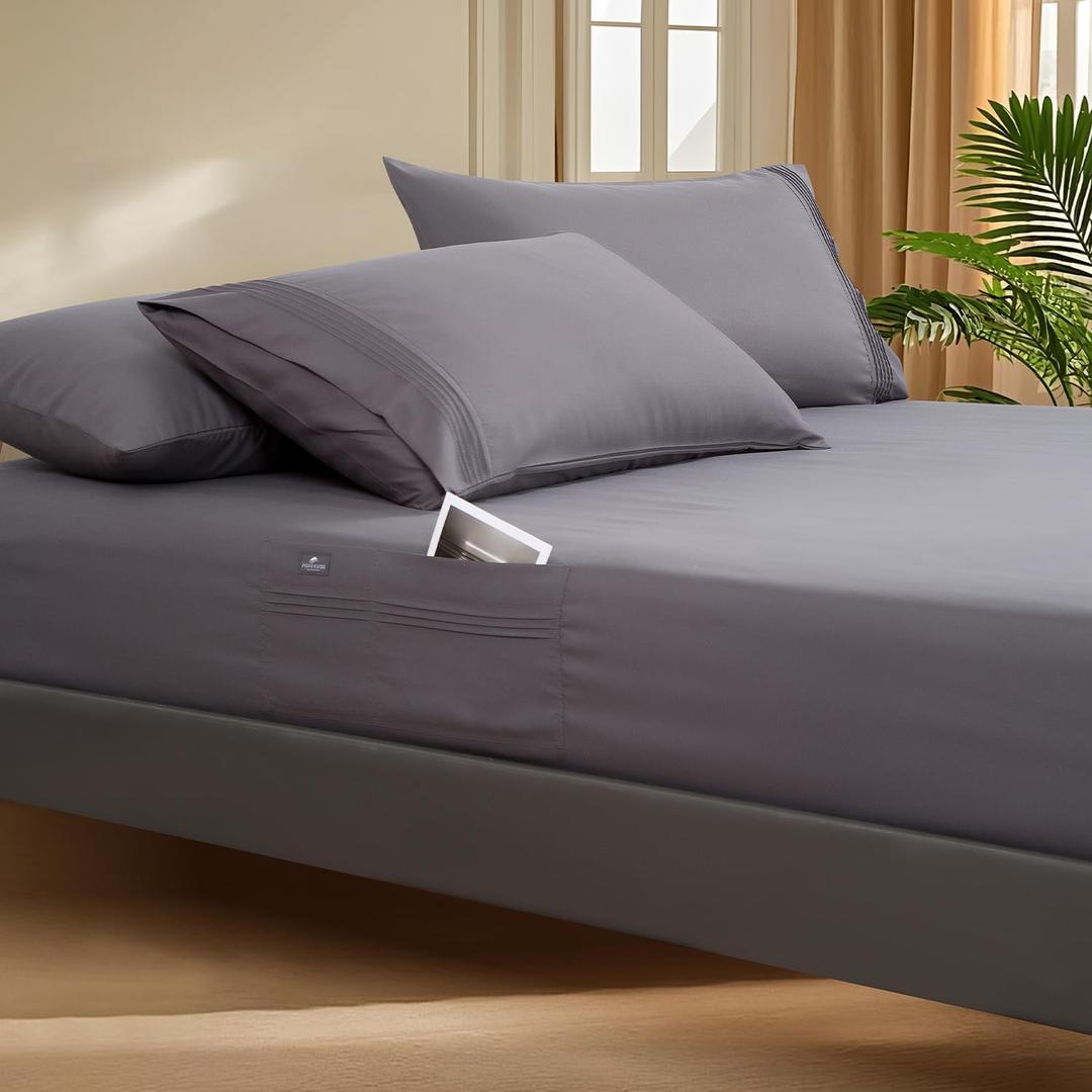 Deep Pocket Queen Fitted Sheet with Straps - Fits Mattresses Up to 21" Thick - 3 Piece Bed Sheets - Moisture Wicking, Cooling & Soft Fitted Sheet & Pillow Cases (Grey)