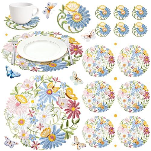 Tudomro 12 Pcs 14 Inches Spring Floral Daisy Embroidered Placemats and Coaster Set of 6 Double Layer Round Table Placemats Washable Daisy Mats for Holiday Wedding Party Festival Dinner Decorations