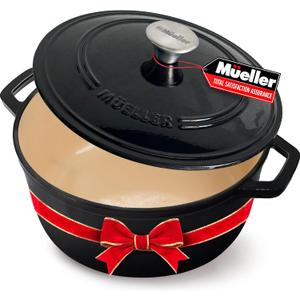 MUELLER HOME 6 Quart Enameled Cast Iron Pot Dutch Oven, Heavy-Duty Oven-Safe up to 500 F, & Across All Cooktops, Casserole Dishes for Ovens, Bread Pan with Lid and Knob, Cast Iron Cookware, Black