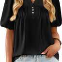 Womens Summer Tops Lantern Short Sleeve V Neck Blouses Dressy Casual Loose Fit Button Down Shirt for Women (Black, XXL)