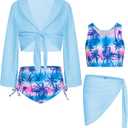 GRACE KARIN Girls Bathing Suit Adjustable Taniki Swimsuit Tie Front 4 Piece Bikini Set with Kimono Cover Up 6-14