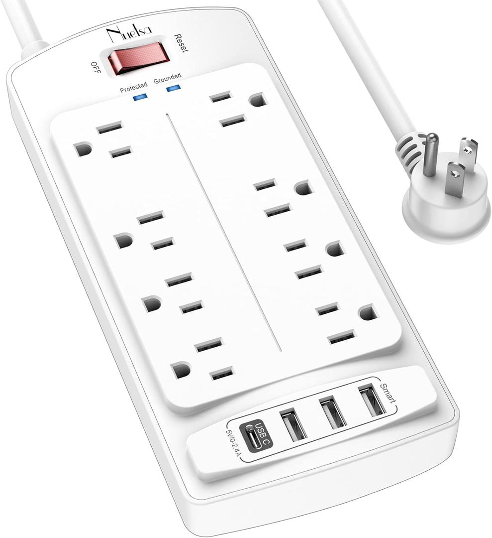 6FT Surge Protector Power Strip, Nuetsa Extension Cord with 8 Outlets and 4 USB Ports, 6 Feet Power Cord (1625W/13A), 2700 Joules, ETL Listed, White