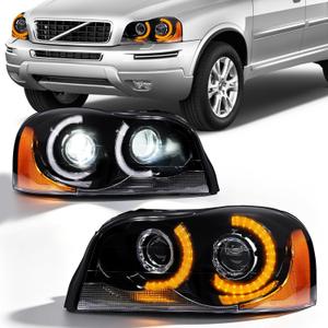 LED Headlights Assembly Pair for 2003-2014 Volvo XC90 LED Headlamps Head Lights Replacement Driver and Right Side, NOT Including Bulbs Black Housing with Clear Reflector