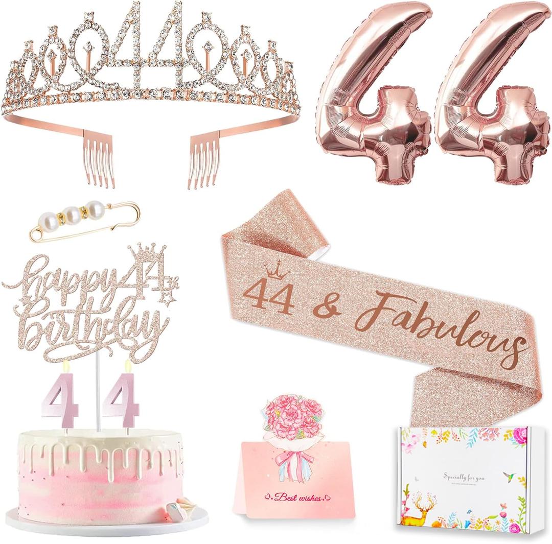 Awfrky 44th Birthday Decorations for Her Women, Including 44 year old Birthday Cake Topper, Queen Sash with Pearl Pin, Sweet Rhinestone Tiara Crown, Number Candles and Balloons Set, Rose Gold