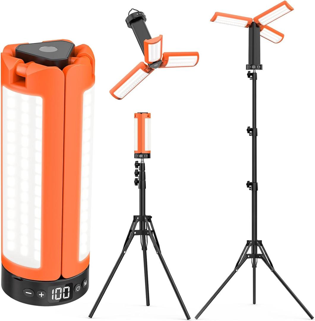 AKOFUN Camping Lights with Stand, 12000mAh Rechargeable Work Light Max Height 75, Telescoping Portable Outdoor Lights with 3 LED Lamp Heads, Magnetic Emergency Flashlight, Detachable Tripod, Orange