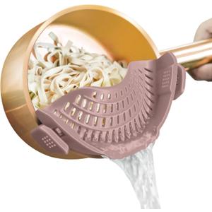 AUOON Clip on Strainer for Pots and Pans - Silicone Food Strainer for Draining Pasta, Spaghetti, Noodles, Fruits, Vegetables, Grease, Ground Beef (Almond Rose) (Standard 8.86 x 3.55 in)