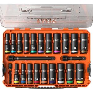 Klein Tools 65121IMPCT KNECT Deep-Well 3/8-Inch Drive Impact Socket Set, SAE and Metric, 23-Piece Tool Set, Impact Driver Adapter, Multi-Purpose Wrench Adapter, Color-Coded, MODbox Socket Organizer