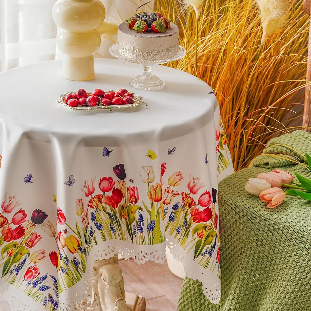 ARTABLE Small Table Cloth Printing Flowers Designs Laser Cutting Tablecloth Table Topper for Thanksgiving Outdoor Farmhouse Rustic Kitchen Party Birthday Picni (Tulips, 33 x 33 Inches)