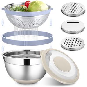 HaWare Mixing Bowl with Colander, 4-1 Stainless Steel Bowl Set with Lids & 3 Pcs Nesting Graters, Rotatable Food Strainer for Rinsing Fruits Vegetables, Non-Slip Bottom, Khaki