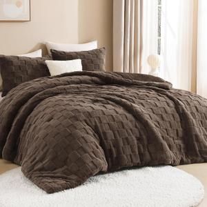 Litanika King Size Fluffy Comforter Set Brown,3 Pieces Warm Sherpa Fleece Winter Bedding Set,Jacquard Checkered Plush Fuzzy Bed Set(1 Comforter, 2 Pillowcases)