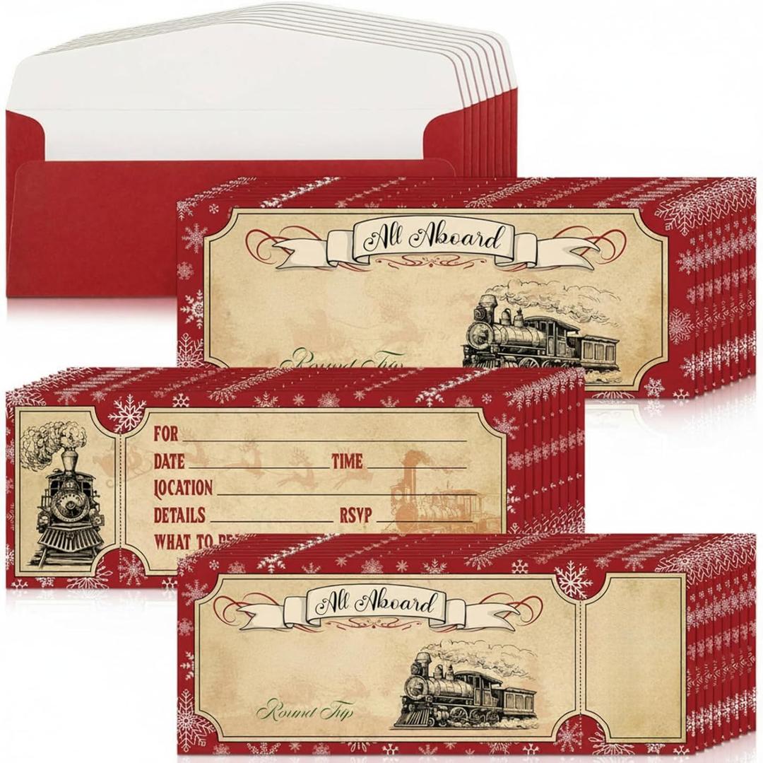 50 Pcs Christmas Polar Believe Ticket Invitations with Envelopes 25 Vintage Believe Train Invitations with 25 Envelopes Christmas Party Fill in Blank Invites for Xmas Party Work Events Supplies