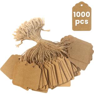 Brown Price Tags with String 1000 PCS, 1.375 x 2.125 Inches, Goefun Kraft Paper Hang Tags for Gift Bags, Hanging, Clothing, Jewelry, Garage/Yard Sale, Inventory, 250 GSM
