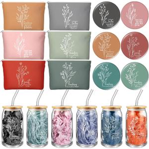 Fumete 6 Sets Teacher Appreciation Gifts for Women Bulk Floral Makeup Bag Inspirational Glass Cup with Bamboo Lid Mini Compact Mirror Thank You Gifts for Teacher Educators Mentors Team