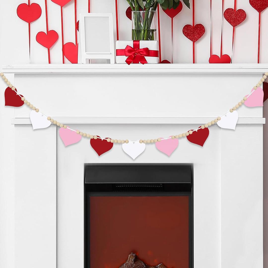 2 x 4.5 FT Valentines Day Heart Garland for Decorations, Wood Red Pink White Garland with Beads NO DIY, Hearts Valentines Banner Garlands for Mantle, Fireplace, Party Home Decor Heart (Word)