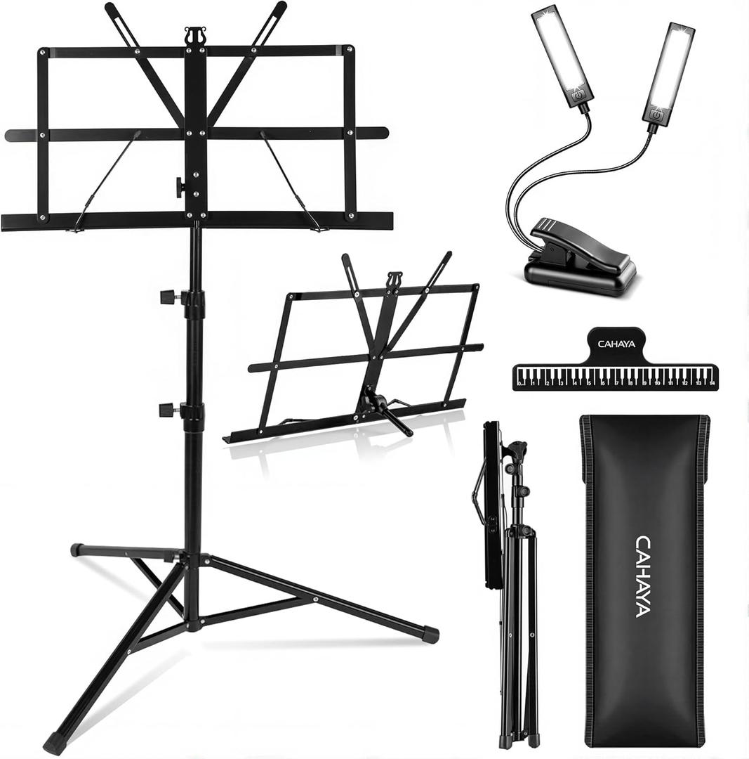 CAHAYA Dual-Use Reinforced Folding Sheet Music Stand with Stand Light & Desktop Book Stand Lightweight Portable Adjustable with Carrying Bag Including Music Sheet Clip Holder (Black)