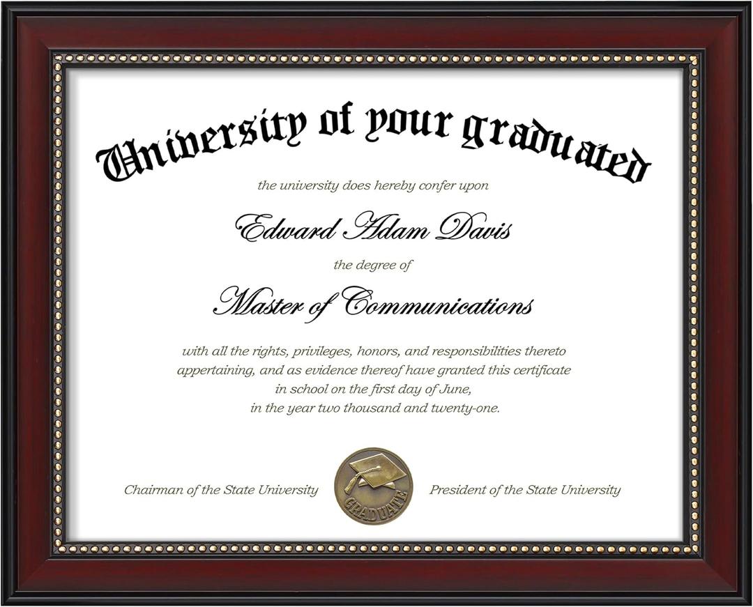 upsimples 8.5x11 Diploma Certificate Frame with High Definition Glass, Degree Document Frame for Wall and Tabletop, Mahogany with Gold Beads, 1 Pack