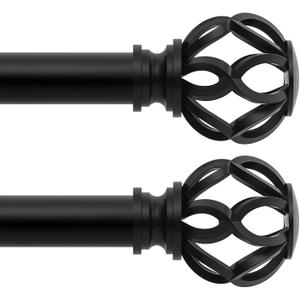 TVWOO Black Decorative Farmhouse Curtain Rods 2-Pack: 18- 45" Adjustable Heavy Duty Single Window Curtain Rod for Bedroom Living Room, Black Boho Rustic Drapery Rods with Vintage Twist Finial Easy Install