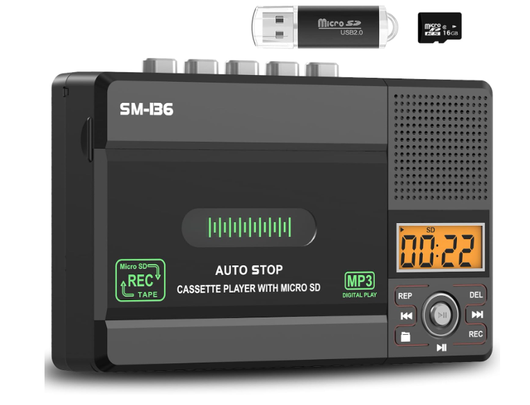 SEMIER Small Cassette Tape Player, USB C or SD Card Audio Cassette to MP3 Digital Converter, Record to Cassette/Computer/SD Card via Mic, Loud Speaker, Headphone Jack, 16GB SD Card for Type I Tapes