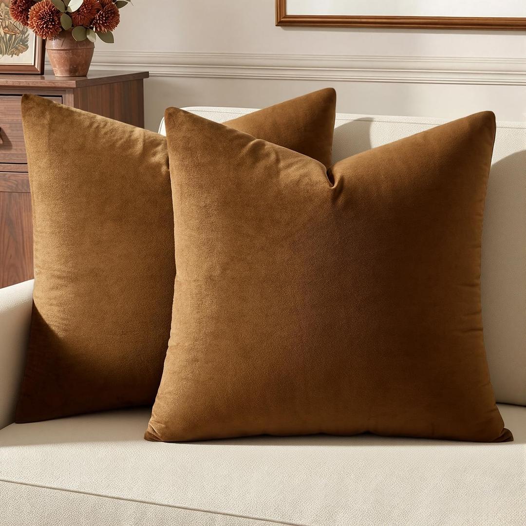 MIULEE Velvet Throw Pillow Covers 24x24 Inch, Pack of 2 - Golden Brown, Super Soft Euro Decorative Square Pillows Modern Luxury Home Decor for Bed, Sofa, Couch, Living Room