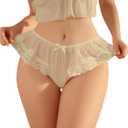 OYOANGLE Women's Lace Sheer Ruffle Thong Panties Bowknot Mid Rise Comfortable Underwear (Large, White)