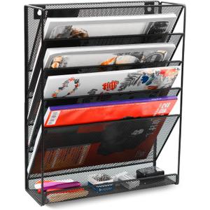EasyPAG Wall File Holder 5 Tier Vertical Hanging File Organizer Wall Mount Paper Folder Rack with Bottom Flat Tray for Office and Home,Black