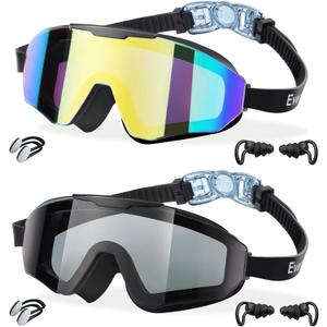 EverSport 2 Pack Kids Swim Goggles Age 8-16 Extra Silicone Layer, Swimming Goggles for kids Teen Youth Children Boys Girls (Gold/Mirrored & Black)