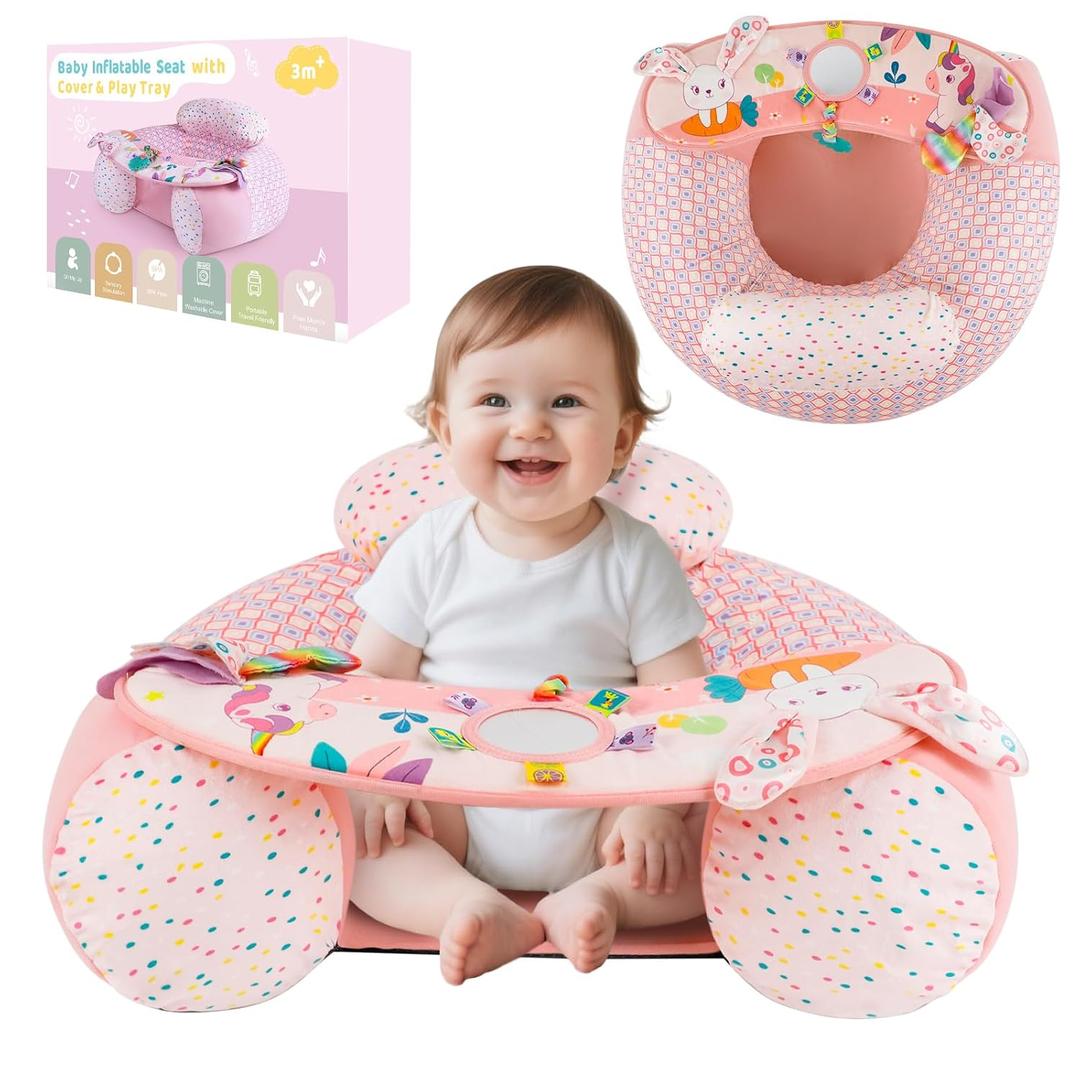 Upgraded Blublu Park Wider U-Shape Inflatable Sit Me Up Floor Seat for Baby 3-36 Months, Travel Portable Baby Chair with Activity Sensory Tray for Sitting Up, Indoor and Outdoor, Unicorn