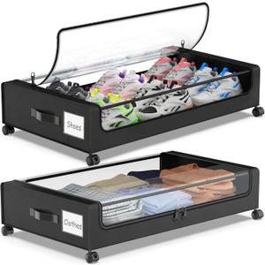Molutsody Under Bed Storage with Wheels, 2-Pack Underbed Storage Containers with Clear Lids, Under Bed Shoe Storage Organizer, Rolling Under the Bed Storage Bins for Clothes Shoes Blankets (Black), 16.95"x31.5"