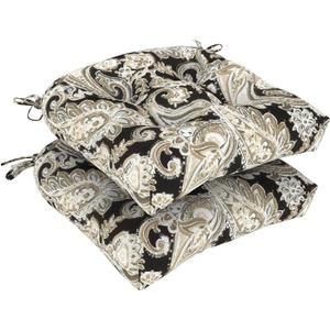 DYTXIII Set of 2 Outdoor Chair Cushions 19"x19"x4", Water Repellent Tufted Patio Seat Cushions with Ties, Thick Replacement Pads for Wicker Dining Chairs, Patio Furniture, Paisley Black