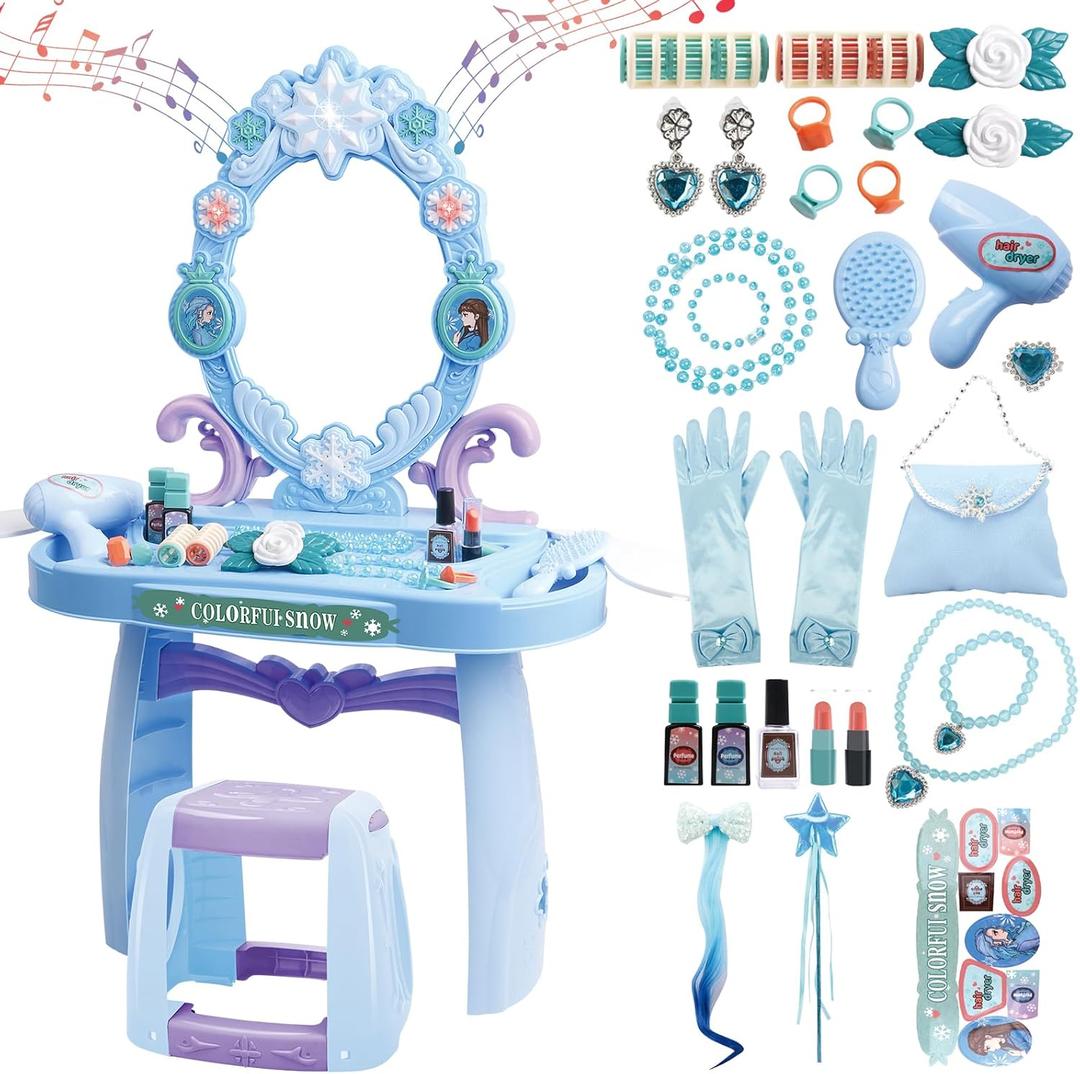 deAO Toddler Vanity Makeup Table Toy with Mirror & Chair,Kids Vanity with Light&Music,Pretend Play Makeup Toy with Hair Dryer Toy,Toddler Beauty Salon Set,Gift for Girls 3 4 5