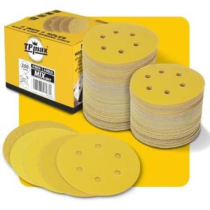 100PCS 6 Inch 150mm 6 Hole Sanding Discs Sandpaper Mixed Grits - Premium Gold Round Hook and Loop for Random Orbital Sander (60, 80, 120, 220, 320 Grit Variety Pack)