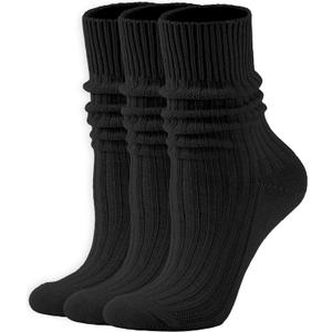 Women's Neon Scrunch Crew Socks 80s 90s Retro 3-Pack Cotton Stacked Boot Calf Cozy Ribbed Slouchy Socks Size 5-10 (Black)