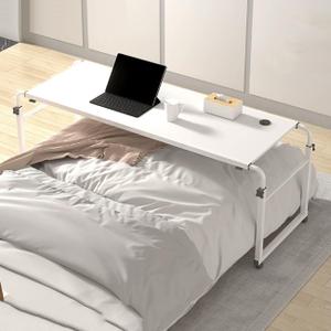 Adjustable Overbed Table, Overbed Desk with Wheels, Rolling Tray Table for Laptop and Writing for Living Room, Mobile Computer Workstation(White,100cm)