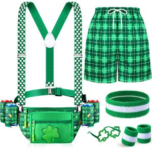 St Patricks Day Accessories Leprechaun Costume Green Fanny Pack with Drink Holder Irish Shamrock Shorts for Men(Plaid,XXL)