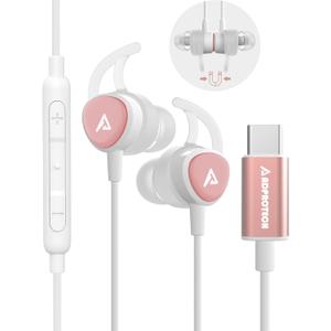 USB C Headphones, Type C Earbuds Magnetic Wired Earphones with Microphone and Volume Control Compatible with Google Pixel Xiaomi Samsung Oneplus Sony MacBook Rose Gold