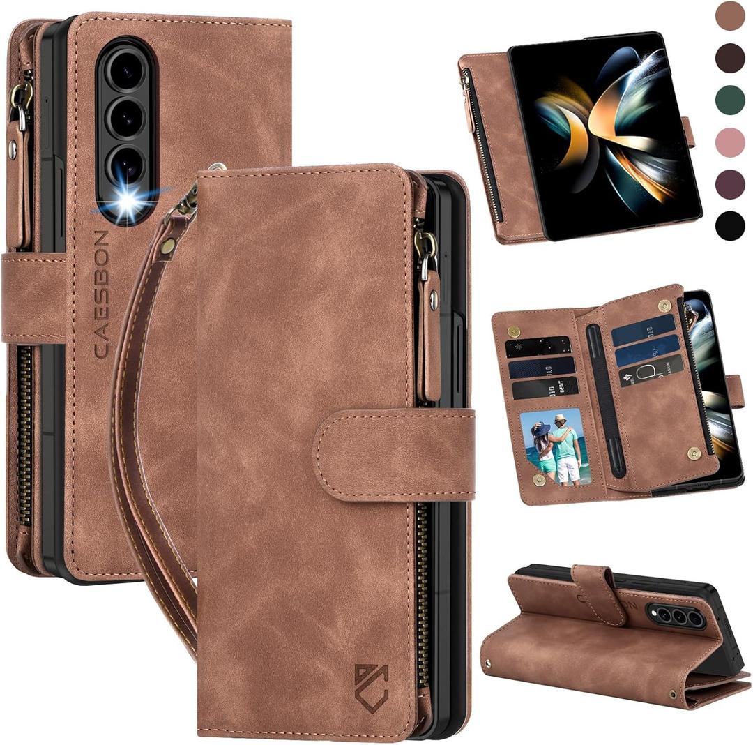 for Samsung Galaxy-Z-Fold-4 Wallet Case: with RFID Blocking Card Slots (6 Cards) & Hidden S Pen Holder | Soft PU Leather Magnetic Snap Zipper Wrist Strap Protective Phone Cover - Brown