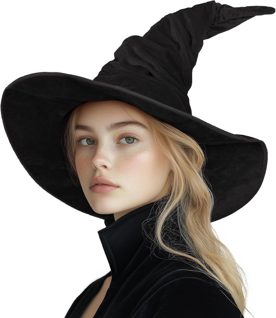 MCJC Witch Hat For Adult,Ruched Wide Brim, Halloween Masquerade Party Costume Accessory (45, Black45cm)