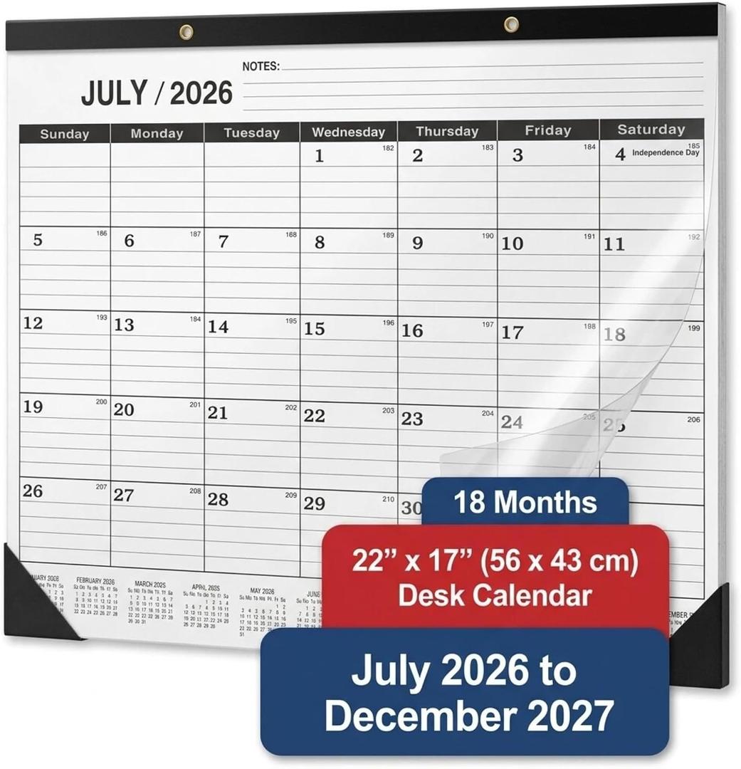 Desk Calendar 2026-2027 - Large 18-Month Monthly Desk Pad, July 2026 to December 2027, 22" x 17" Calendar with 120g Thick Paper, Golden Hanging Holes & Goals Section for Office and Professional Use