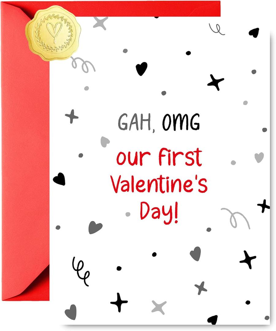 Funny First Valentines Day Card for Him Her, Cute Our 1st Happy Valentine's Day Card with Envelope & Sticker (5x7 IN, 1 Set) (Beige)
