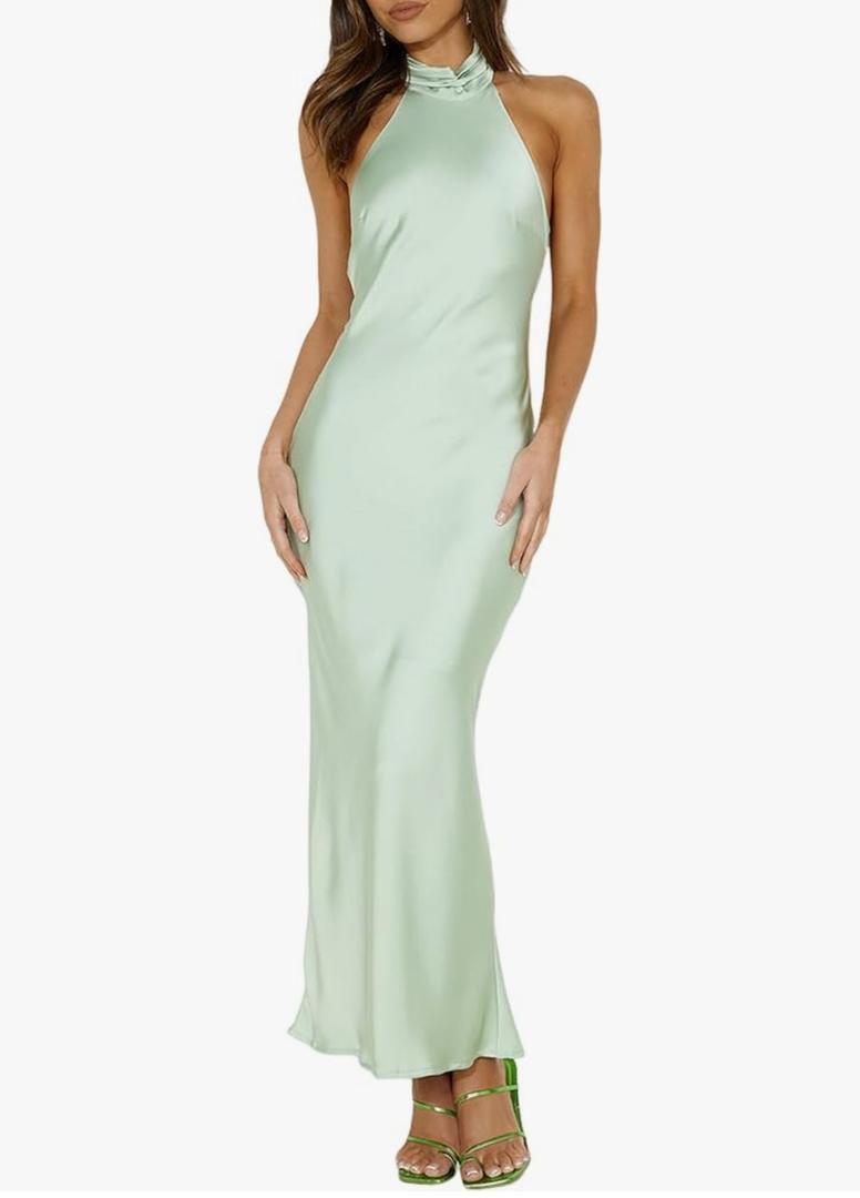 Phicia Sexy Satin Halter Neck Backless Maxi Dress for Women Elegant Tie Cowl Back Formal Wedding Guest Dress for Summer L